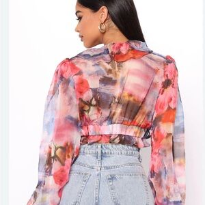 Pink and Gray Crop Blouse with Tie Front